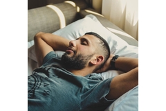 Image Man sleeping with arms over his head in bed